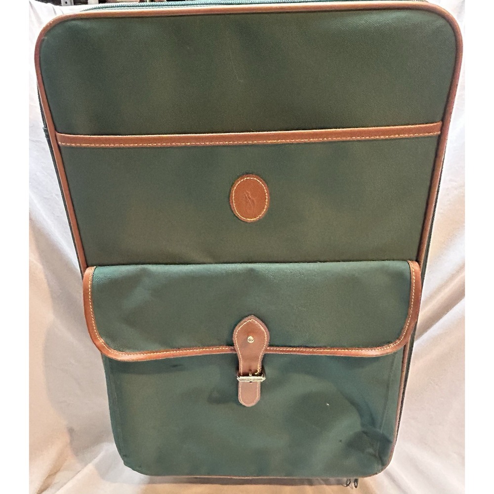 Polo Ralph Lauren Rolling Travel Bag Green Canvas Suitcase Luggage Vintage